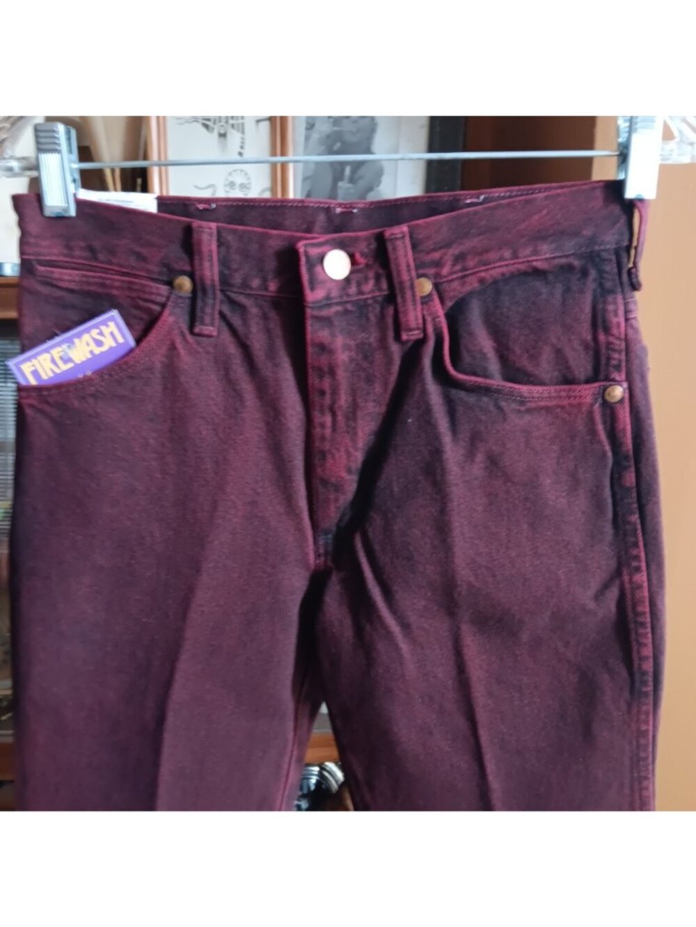 Vintage Slim Fit Cowboy Cut Jeans 28x30 Wrangler Mens Firewash Red Denim 1990s - Picture 4 of 8